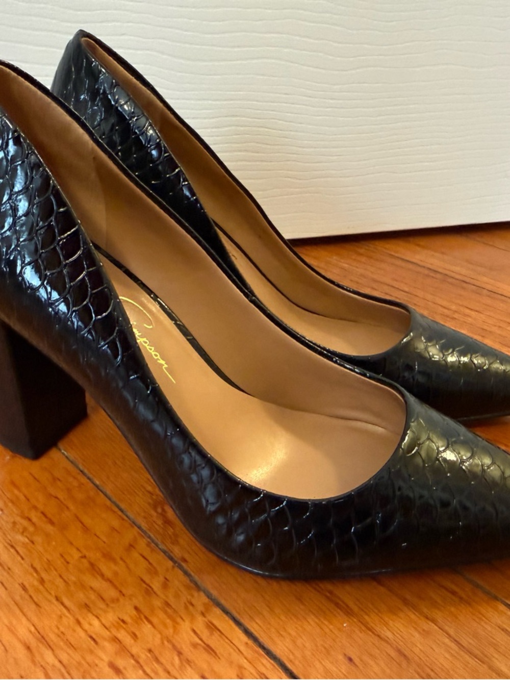 Jessica Simpson Black Croc-Embossed Pointed Block Heels
